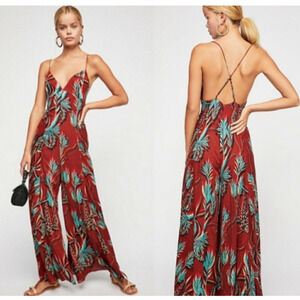 Free People 2 Alissa Wide Leg Jumpsuit Palm Print Boho Tropical Vacation Pants